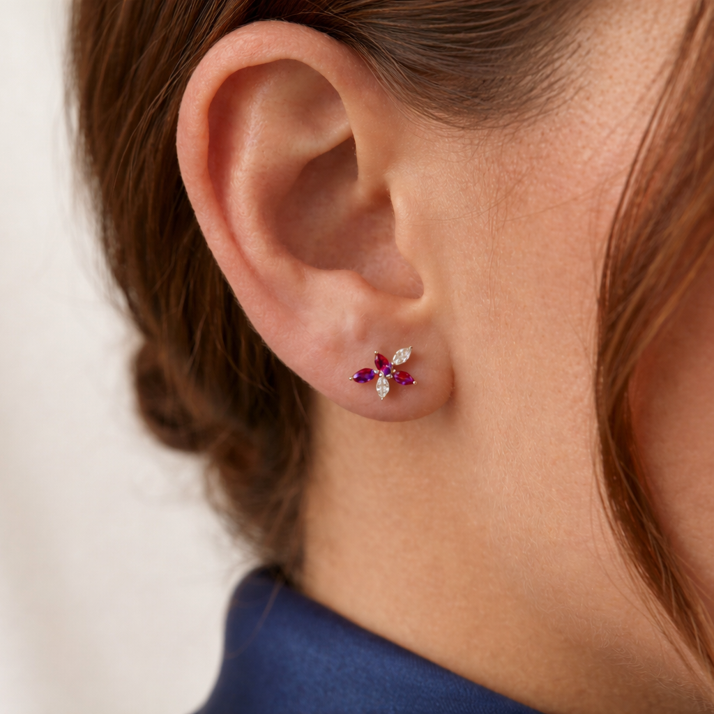 Marquise Diamond & Ruby Bloom Studs