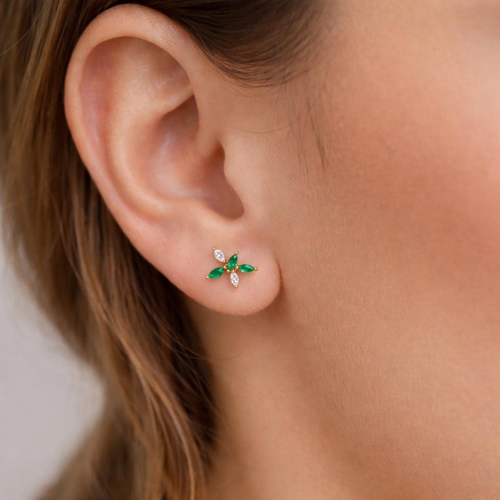 Marquise Diamond & Emerald Bloom Studs