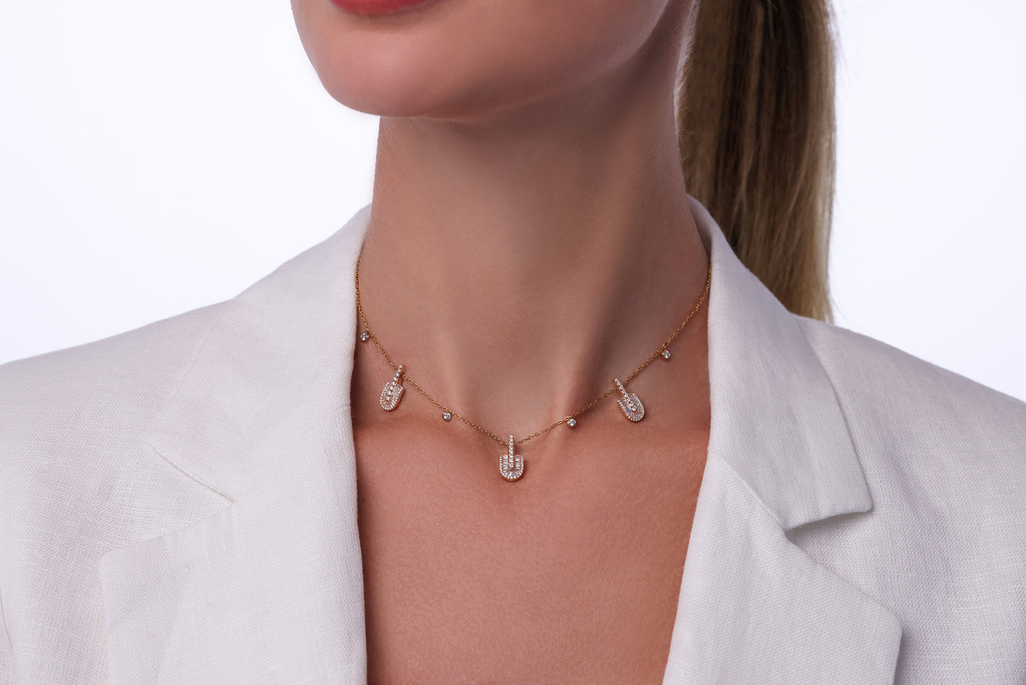 U Trio Baguette Necklace With Charms