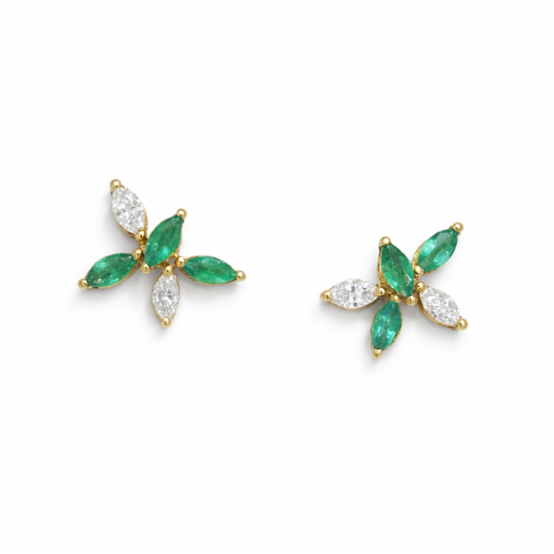 Marquise Diamond & Emerald Bloom Studs