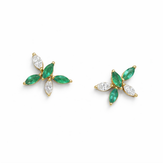 Marquise Diamond & Emerald Bloom Studs