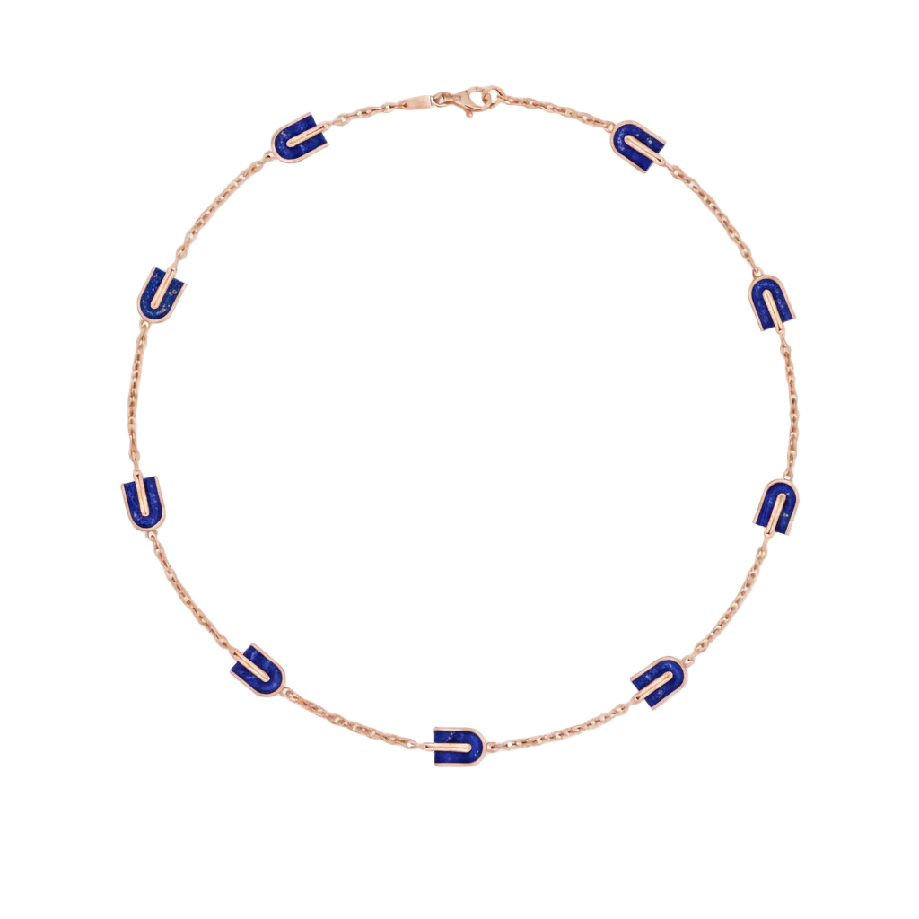 Necklace with blue U-shaped charms in lapis lazuli