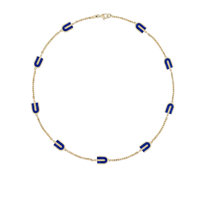 Necklace with blue letter 'U' charms in lapis lazuli