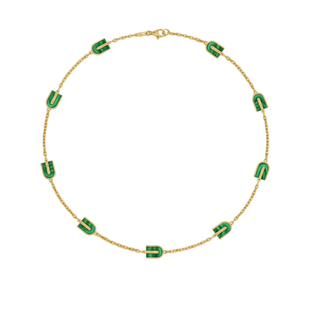 Gold necklace with green malachite stones